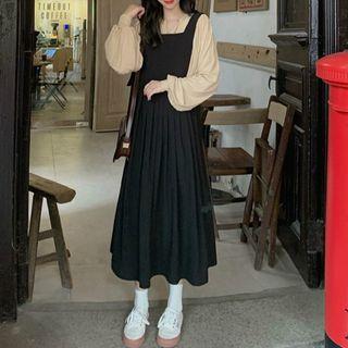 Long-sleeve Blouse / Midi A-line Pinafore Dress