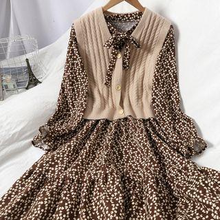 Set: Floral Long-sleeve Midi A-line Dress + Sweater Vest