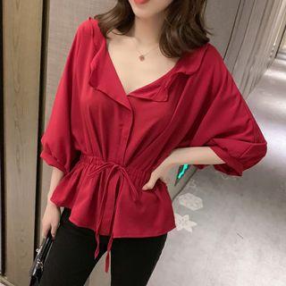 Lantern-sleeve V-neck Chiffon Top