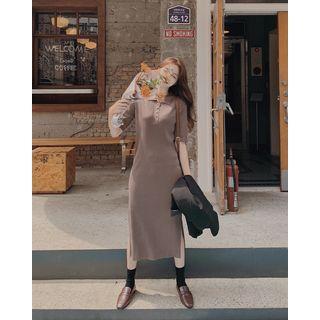Slit-side Long Rib-knit Polo Dress