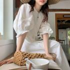 Puff-sleeve Round-neck Cutout Dress White - One Size
