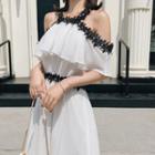 Crochet Trim Cut Out Shoulder Short Sleeve Chiffon Dress