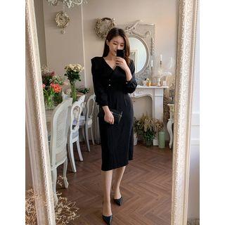 Sailor-collar Button-detail Long Dress
