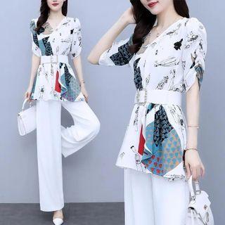 Set: Puff-sleeve Print Top + Wide-leg Pants
