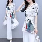Set: Puff-sleeve Print Top + Wide-leg Pants