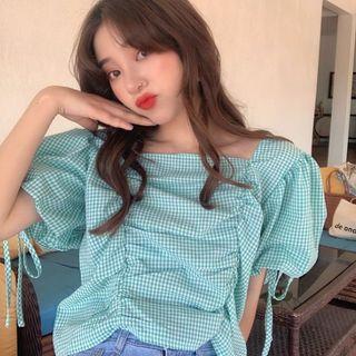 Short-sleeve Drawstring Plaid Top Green - One Size