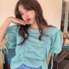 Short-sleeve Drawstring Plaid Top Green - One Size