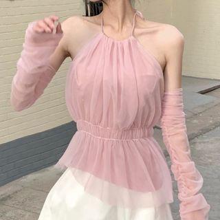 Set: Halter Mesh Camisole Top + Arm Sleeves