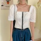 Square-neck Puff-sleeve Zip Blouse