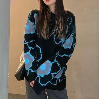 Long-sleeve Floral Jacquard Sweater Black - One Size