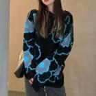 Long-sleeve Floral Jacquard Sweater Black - One Size