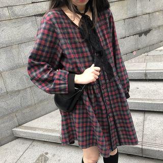 V-neck Plaid Long-sleeve Dress As Shown In Figure - One Size