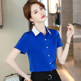 Short-sleeve Contrast Collar Shirt / Midi Pencil Skirt