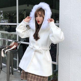Faux Fur Trim Hooded Snap-button Jacket