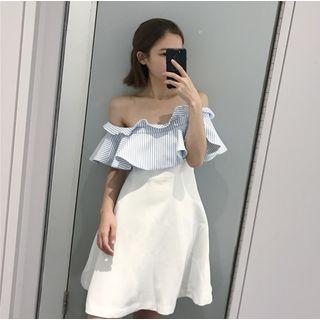 Off Shoulder Elbow Sleeve Pinstriped Panel A-line Dress