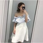 Off Shoulder Elbow Sleeve Pinstriped Panel A-line Dress