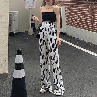 High-waist Print Wide-leg Pants Black & White - One Size