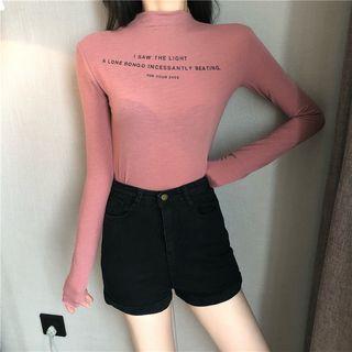 Long-sleeve Mock Neck Lettering T-shirt