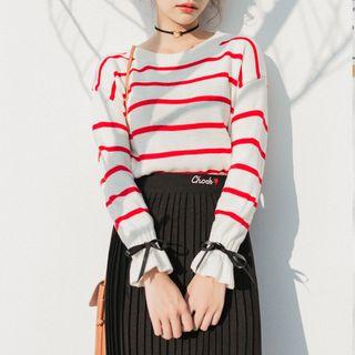 Stripe Scalloped-trim Knit Top