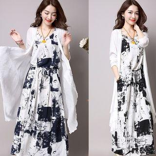 Set: Print Sleeveless A-line Midi Dress + Light Jacket