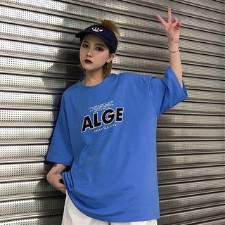 Elbow-sleeve Letter T-shirt Blue - One Size