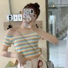 Short-sleeve Striped Ribbed Cropped T-shirt Stripe - One Size