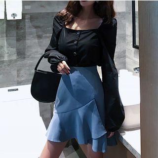 Long-sleeve Buttoned Blouse / Mini Mermaid Skirt