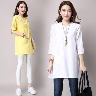 3/4-sleeve Band Collar Shirtdress