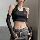 Mesh Sleeve Halter Chain Accent Lettering Crop Tank Top
