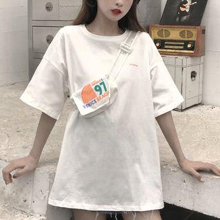 Set: Elbow-sleeve Lettering T-shirt + Waist Bag
