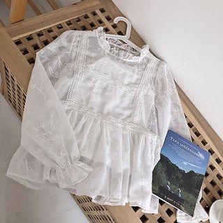 Set:plain Ruffled-trim Embroidered Top + Plain Tank Top White - One Size