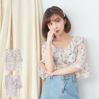 3/4-sleeve Ruffled Floral Chiffon Top