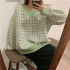 Plaid Chunky Knit Sweater Green - One Size