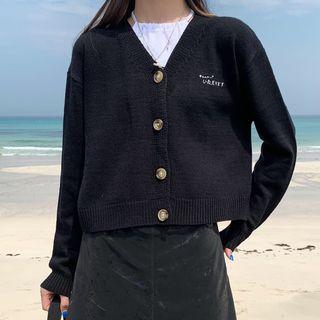 V-neck Letter Embroidered Cropped Cardigan Black - One Size
