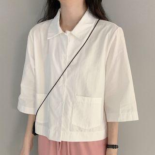 3/4-sleeve Plain Pocket Shirt