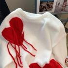 Fringed Heart Jacquard Sweater White - One Size