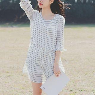 Drawstring Striped 3/4 Sleeve Dress