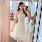 Set: Mandarin Collar Short-sleeve Lace Mini A-line Dress + Slipdress