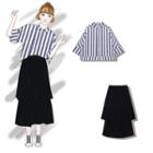 Elbow-sleeve Striped Shirt / A-line Layered Midi Skirt