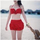 Set: Halter Frill-trim Bikini Top + Swimskirt