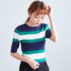 Elbow Sleeve Mock Neck Striped Knit Top