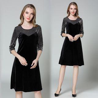 3/4-sleeve Velvet Panel Dress