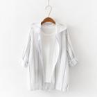 Hooded Buttoned Striped Jacket White - One Size