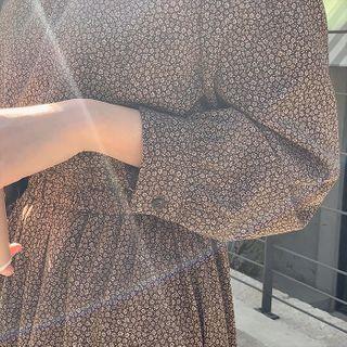 Gathered-waist Long Floral Dress Khaki - One Size