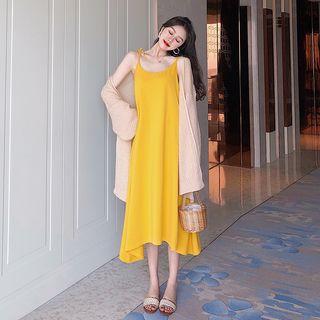 Sleeveless Tie Strap Plain Dress / Long-sleeve Plain Cardigan
