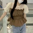 Short-sleeve Two-tone Blouse Brown & Beige - One Size