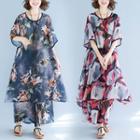 Set: Printed 3/4-sleeve T-shirt + Cropped Wide-leg Pants