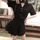 Short-sleeve Buttoned V-neck Playsuit