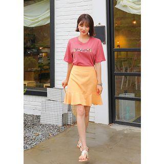 Plus Size - A-line Ruffle-hem Cotton Miniskirt