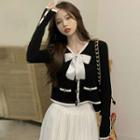 Long-sleeve V-neck Contrast Trim Bow Panel Knit Cardigan